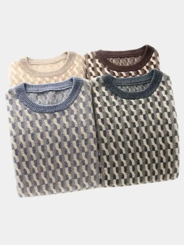 100% Wool Geometric Crew Neck Pullover Sweater