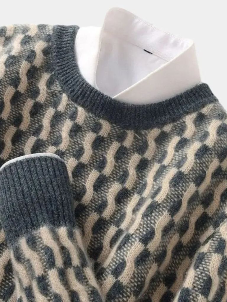 100% Wool Geometric Crew Neck Pullover Sweater