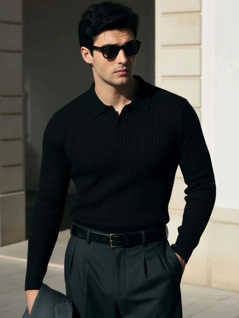 Elegant Open Collar Long Sleeve Polo