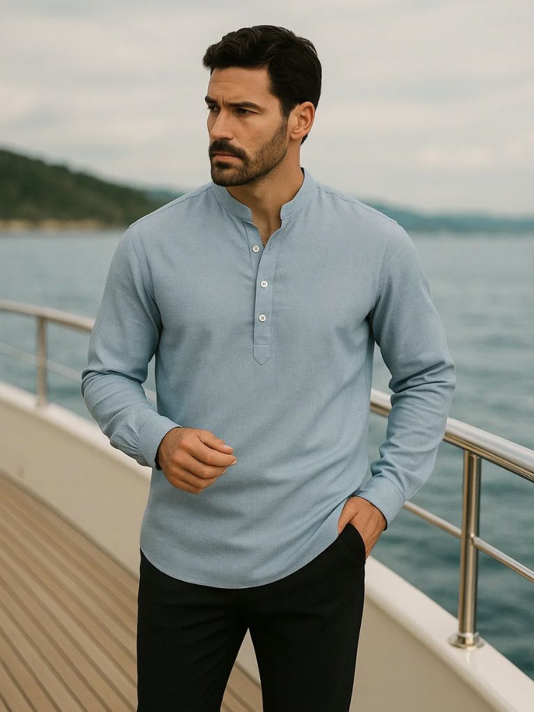Casual Henley Neck Long Sleeve T-Shirt - Cross & Crown