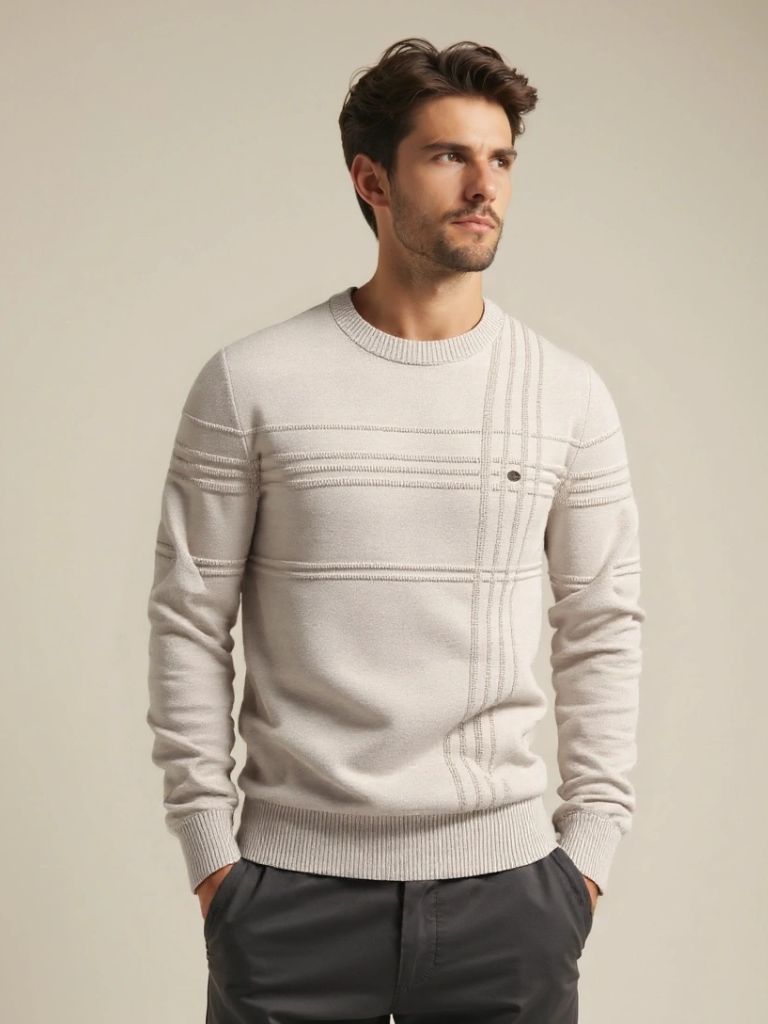 Cotton Knitted Stripped Crew Neck Pullover Sweater