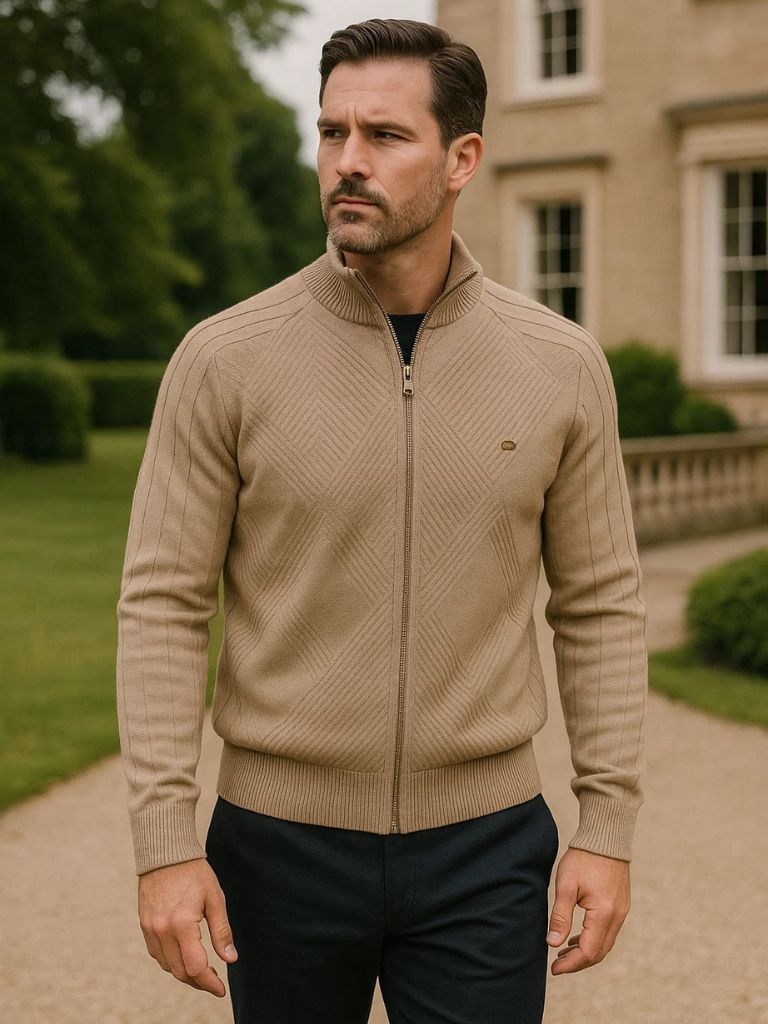 Knit Zipper Jacquard Solid Color Cardigan Sweater