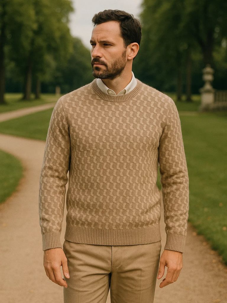 100% Wool Geometric Crew Neck Pullover Sweater