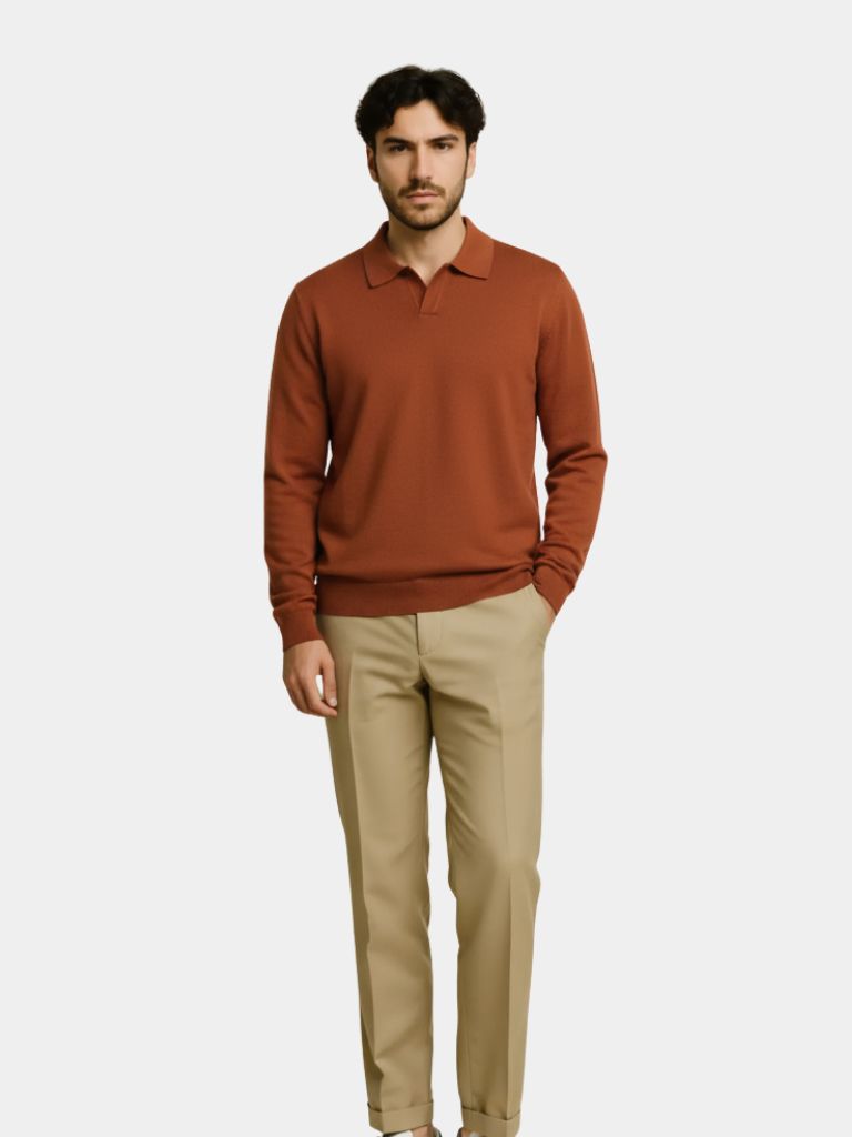 100% Wool Knit V Neck Turndown Polo Pullover - Cross & Crown