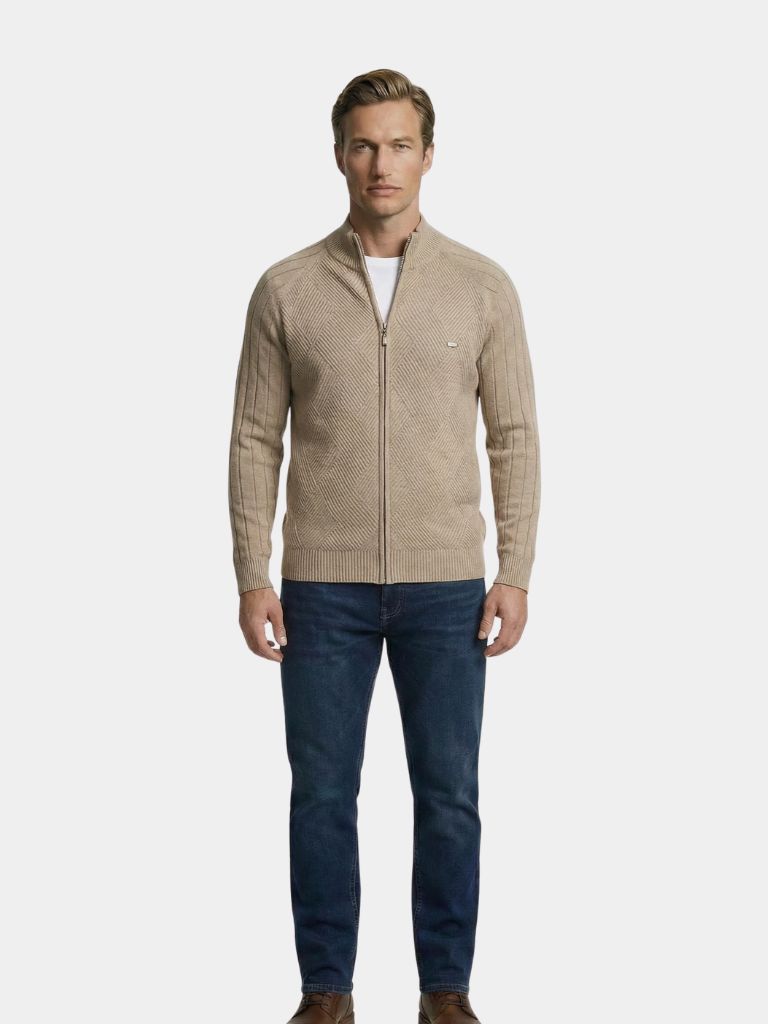 Knit Zipper Jacquard Solid Color Cardigan Sweater - Cross & Crown