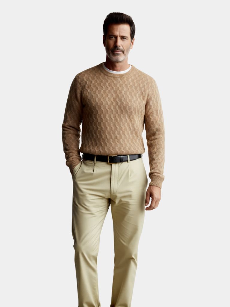 100% Wool Geometric Crew Neck Pullover Sweater - Cross & Crown