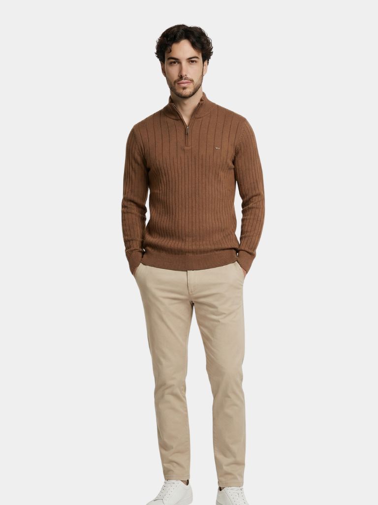 Cotton Knit Vertical Stripes Quarter-Zip Sweater - Cross & Crown