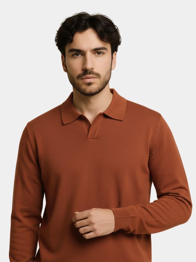 100% Wool Knit V Neck Turndown Polo Pullover - Cross & Crown