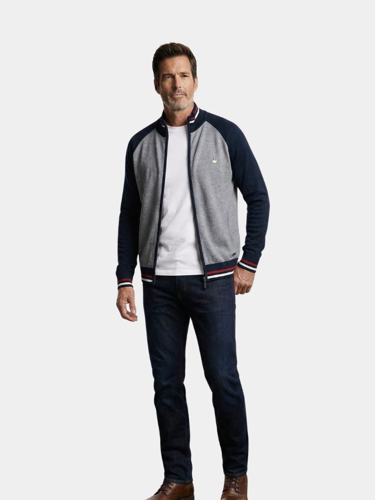 Zipper Color Block Standing Collar Cardigan Sweater - Cross & Crown