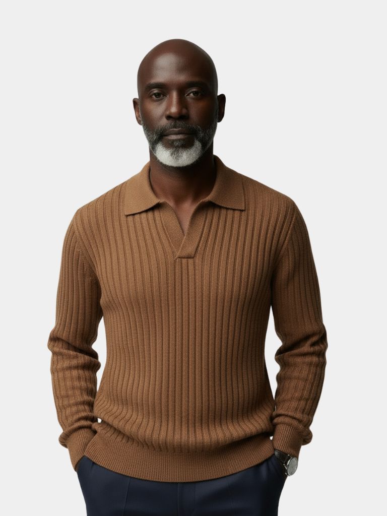 V-Neck Polo Sweater Ribbed - Cross & Crown