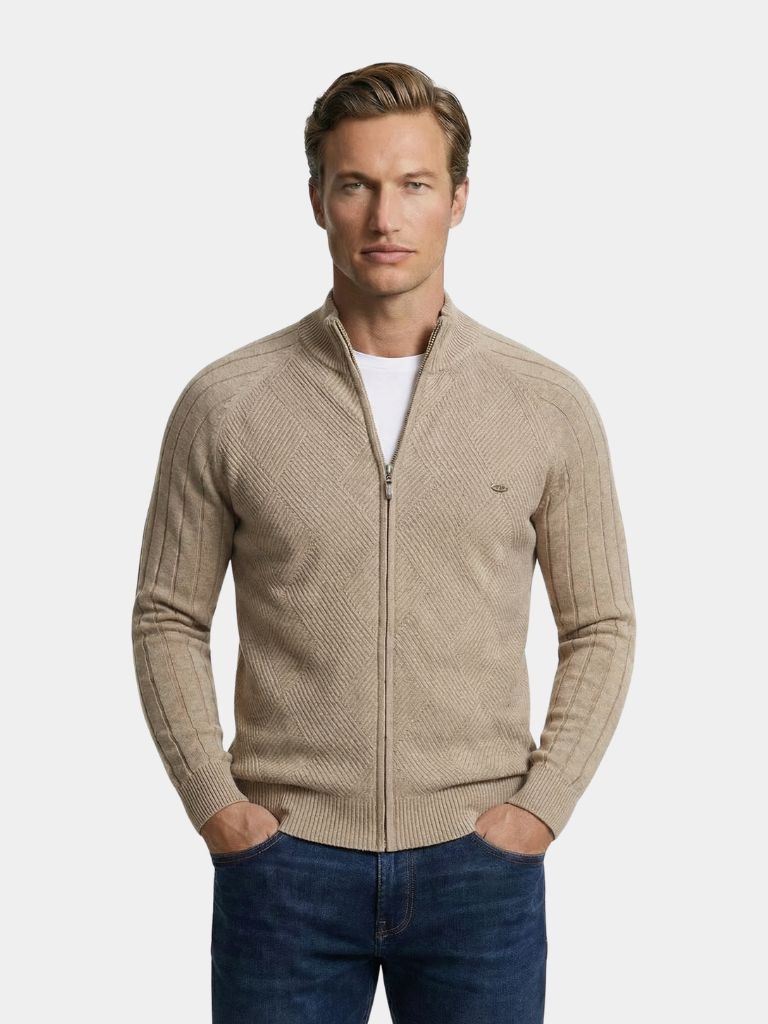 Knit Zipper Jacquard Solid Color Cardigan Sweater - Cross & Crown