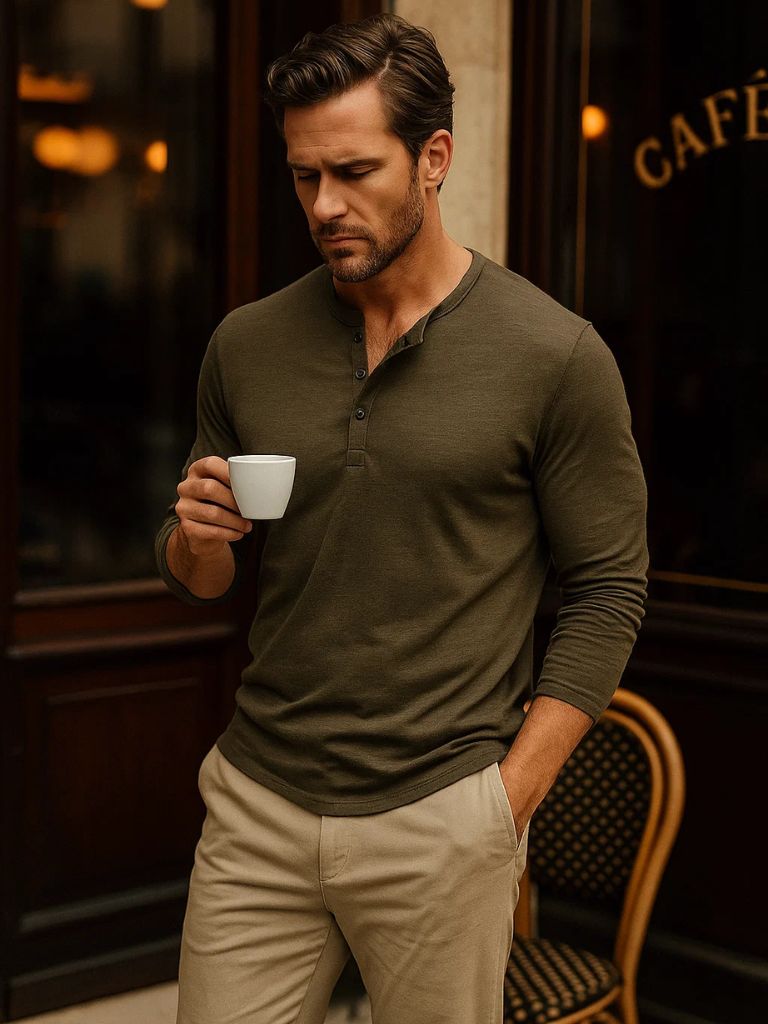 Casual Henley Neck Long Sleeve T-Shirt - Hommeor