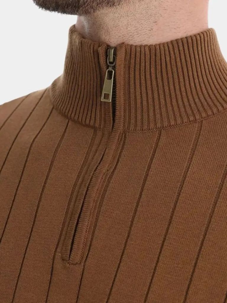 Cotton Knit Vertical Stripes Quarter-Zip Sweater - Cross & Crown