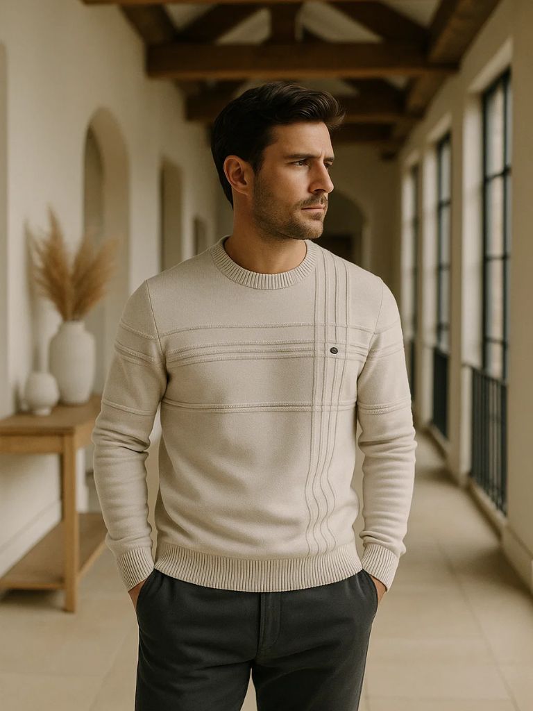Cotton Knitted Stripped Crew Neck Pullover Sweater