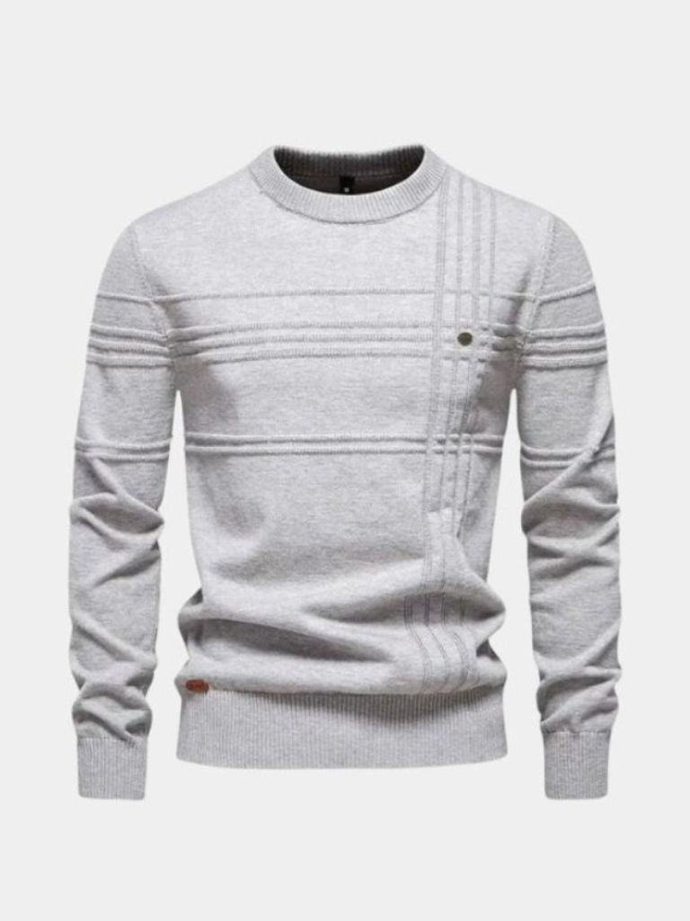 Cotton Knitted Stripped Crew Neck Pullover Sweater - Cross & Crown