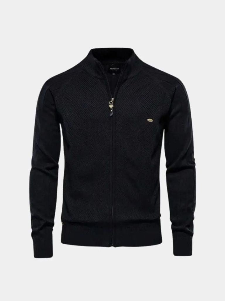 Knit Zipper Jacquard Solid Color Cardigan Sweater - Cross & Crown