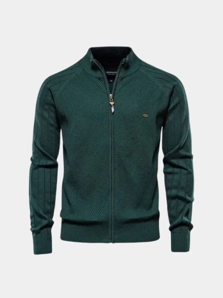 Knit Zipper Jacquard Solid Color Cardigan Sweater - Cross & Crown