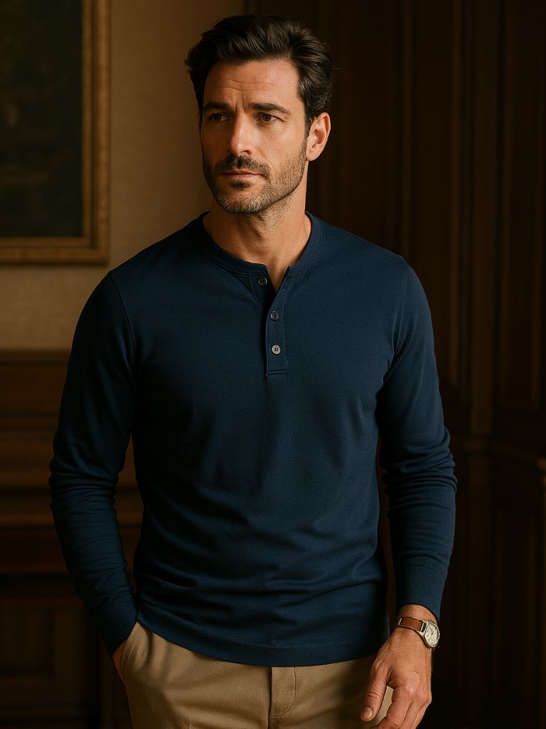 Minimalist Henley Neck Long Sleeve T-Shirt - Hommeor