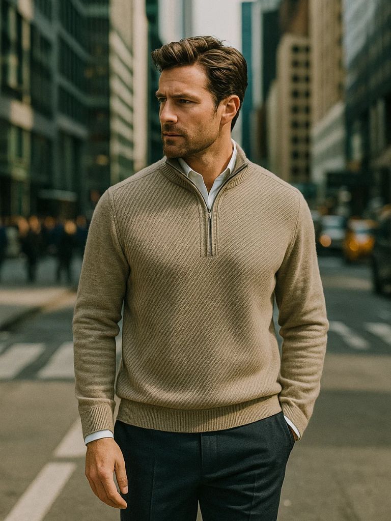 Stripe Quarter Zip Wool Sweater